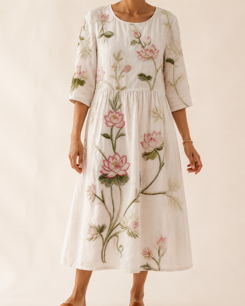 Lucia | Vestito in Misto Lino con Stampa di Piante e Fiori