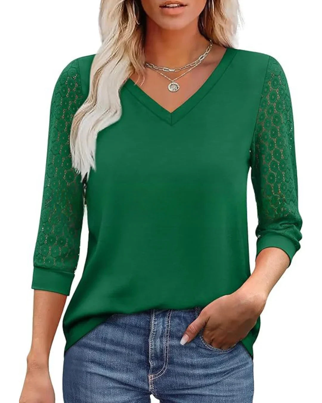 Lace | Sleeve Casual V-Neck Blouse