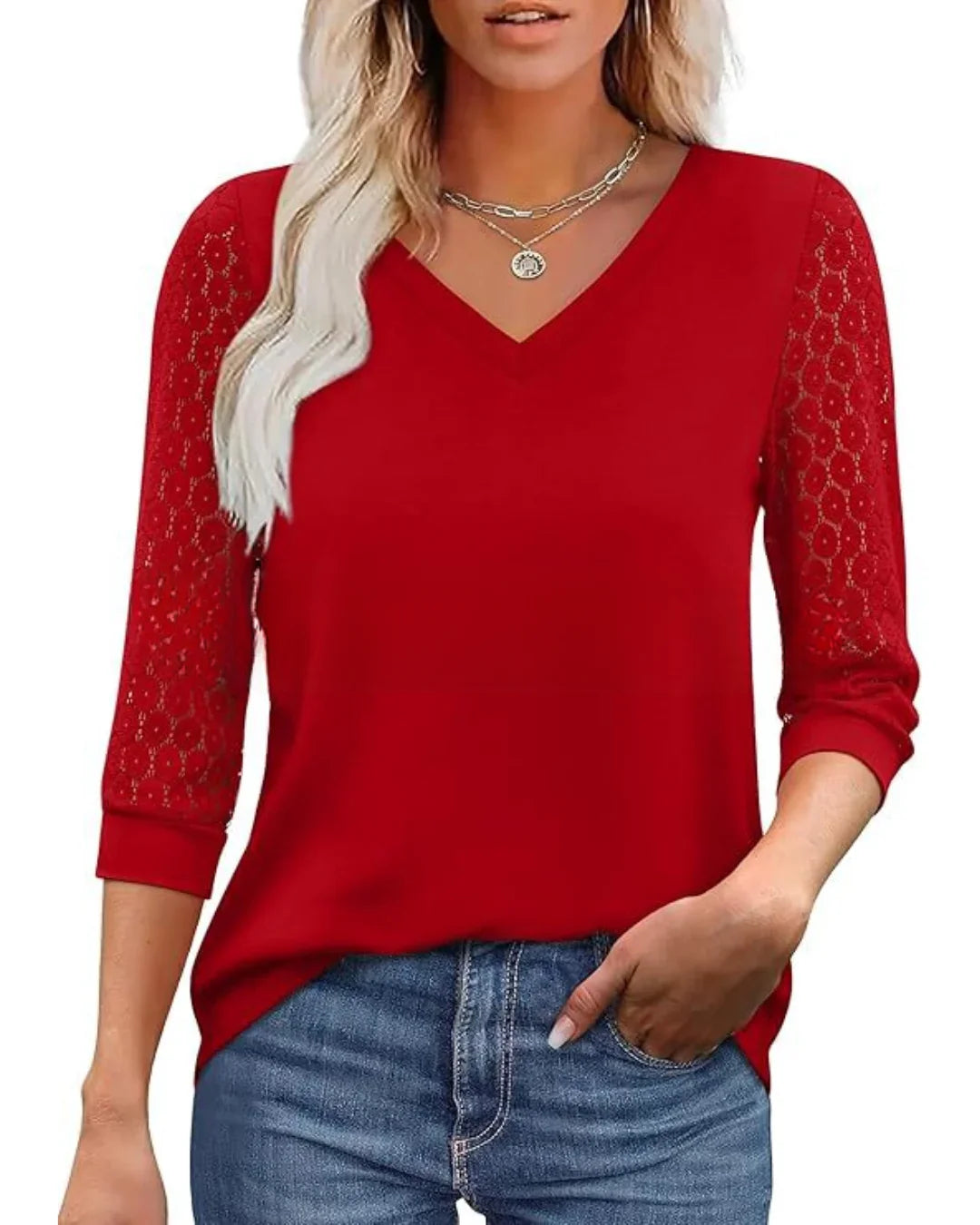 Lace | Sleeve Casual V-Neck Blouse